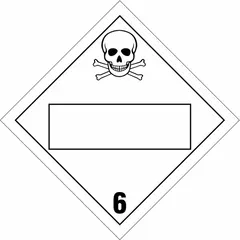 Class 6 placard for identifying containers holding toxic, poison inhalation, and infectious substances. Measures 10 3/4 in x 10 3/4 in with label height and width of 10 3/4 in. Used for DOT compliance in transport and storage of hazardous materials.