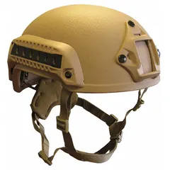 This Level IIIA combat helmet is constructed from aramid material and provides ballistic protection against handgun rounds and fragmentation. It features a tan finish and a 1/2-inch pad thickness for impact attenuation. Suitable for tactical operations requiring head protection.