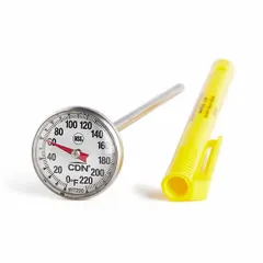 Analog dial thermometer with stainless steel housing and shatter-resistant lens. Accuracy ±2 °F. NSF certified. Suitable for food safety monitoring in commercial kitchens, including dishwashers and meat preparation.