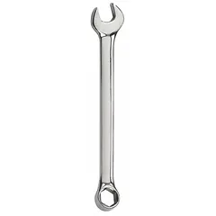 This combination wrench features a 15 mm 6-point box end and an open end, both offset for improved access to fasteners in confined spaces. Made from alloy steel with a chrome finish, it has an overall length of 7 7/8 inches. Suitable for tightening or loosening metric fasteners in general maintenance and repair tasks.