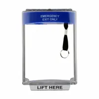Clear polycarbonate guard for indoor wall-mount flush installation on pull stations. Features a local alarm piezo sounder and the legend "Emerency Exit Only". Overall depth 6 3/4 in, overall length 4 7/8 in