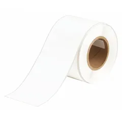 Continuous label roll for inkjet printing, 4 inches wide by 100 feet long. Made of white matte polypropylene with outdoor rating. Inkjet print-receptive surface. Compatible with BradyJet J5000 printer series. Used for industrial labeling, asset identification, safety signs, and pipe marking.
