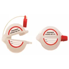 This clamp-on lockout device is designed to isolate push-button-operated machinery during maintenance. It fits push buttons up to 2 inches in diameter, preventing accidental activation. Clear construction allows visibility of the button state. Measures 3 in x 4.5 in x 4 in.