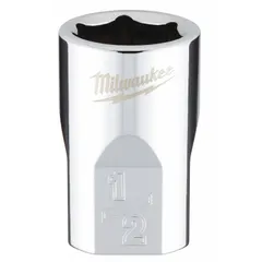 This MILWAUKEE standard hand socket features a 3/8 in drive and 1/2 in socket size with a 6-point configuration. The chrome finish provides corrosion resistance. Designed for use with SAE hex fasteners in general maintenance and repair tasks.