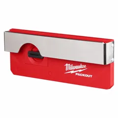 Red plastic belt clip rack for PACKOUT tool boxes. Measures 9-1/2 in wide by 3-1/2 in high by 1-5/16 in long. Reinforced rack maintains its shape for secure tool box retention. Used for organizing and accessing tools on a belt or rack system.