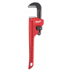 This straight pipe wrench is constructed of alloy steel with serrated jaws for gripping pipes, fittings, and round stock. It has a 1 1/2 in jaw capacity and a 10 in overall length. The ergonomic handle design provides comfort during use in plumbing and mechanical applications.