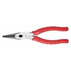 These 8 in needle-nose pliers feature a 2 1/2 in serrated jaw with a 1/8 in tip width and a 2 5/8 in max jaw opening. The integrated cutter allows for cutting wire and small fasteners. Suitable for precision gripping, bending, and cutting in confined spaces.