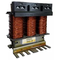 Open-style input line reactor with high impedance for 460/480V AC systems. Rated for 5.4 A maximum output current and 3 hp maximum output power. Used to protect variable frequency drives and motor systems from power surges and harmonics, reducing electrical noise in industrial automation, HVAC, and pumping applications.