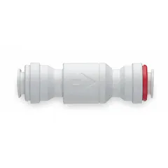 This inline check valve features an acetal body and stainless steel poppet, with 5/16 in push-fit connections. NSF 51 certified for use in food-grade and industrial fluid systems to prevent backflow. Suitable for beverage dispensing, water filtration, and low-pressure pneumatic lines.