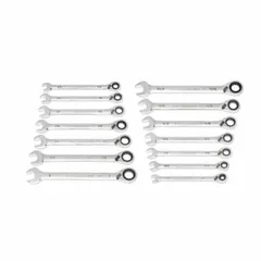 This SAE 12-point ratcheting combination wrench set includes sizes from 1/4 in to 1 in. Made of alloy steel with a full polish chrome finish, the set features a reversing mechanism for direction change without removal. The open end is non-ratcheting. Suitable for tightening and loosening fasteners in confined spaces.
