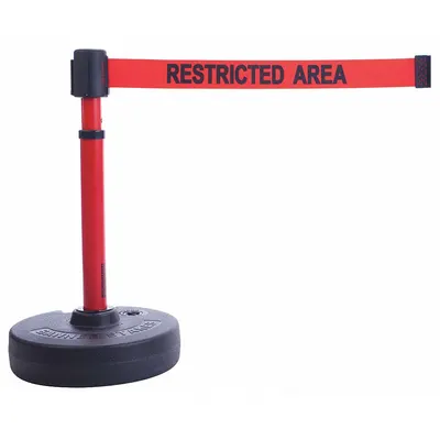 BANNER STAKES Barrier Post with Belt: Red, No Pattern, Restricted Area, 15 ft Belt Lg - Message Retractable Belt Post Barriers