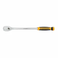 This standard-head ratchet features a reversible pear head mechanism for direction changes without removing the socket. The 16-1/2-inch overall length provides extended reach in confined spaces. Full polish chrome finish resists corrosion. Non-magnetic construction suitable for sensitive environments.