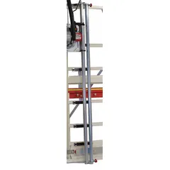 This hold down bar secures workpieces against the fence and table of a panel saw during cutting operations. It helps prevent material shift or kickback, improving operator safety and cut accuracy in woodworking and panel processing applications.