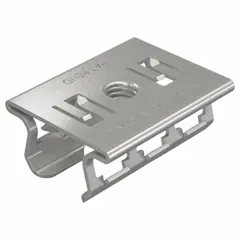 This threaded receiver is designed for use with 7/8 in x 13/16 in strut channel in industrial framing systems. Constructed from spring steel with a gray SST finish, it features a Smart-Receiver design for quick installation without loose parts. Commonly used to mount threaded rods or hardware in electrical, plumbing, and HVAC support applications.