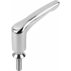 This hygienic adjustable tension lever features a threaded stud for use with USIT washers. It has an M6 thread with a 20 mm thread length and an overall length of 47.4 mm. Suitable for applications requiring sanitary adjustment and secure fastening in environments where hygiene is critical.