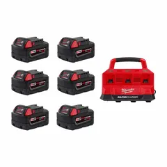 This kit includes six M18 5 Ah batteries and one charger, operating at 18V DC. Each battery provides 5 Ah capacity for extended runtime in cordless tools. Suitable for powering M18 platform tools such as drills, saws, and impact wrenches on job sites and in industrial maintenance.