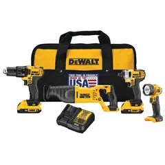 This 4-tool kit includes a drill, impact driver, reciprocating saw, and work light, all powered by the DEWALT 20V battery platform. Suitable for drilling, fastening, cutting wood and metal, and illuminating work areas in construction, renovation, and maintenance tasks.