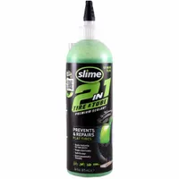 This liquid tire sealant from SLIME is formulated for scooter tires. The 16 oz bottle contains a green sealant that can be injected into the tire to seal small punctures and leaks, helping maintain tire pressure. It is a common maintenance product for fleet and vehicle tire repair