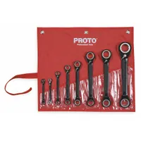 This 8-piece SAE double end 12-point ratcheting box end wrench set is constructed from alloy steel with a black chrome finish. The wrenches feature a 0° head offset angle and reversing capability, allowing efficient fastener tightening and loosening in confined spaces. Sizes range from 7/32 in to 1-1/8 in. The set is supplied in a pouch for organized storage