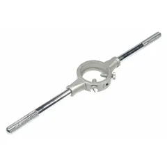 Die stock for manual threading operations, designed to hold 2-inch dies. Suitable for cutting external threads on pipes or rods in maintenance and repair tasks.