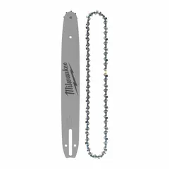 Chain and bar set with 3/8 in pitch, 0.03 in gauge, and 33 drive links. Compatible with Milwaukee chain saws. Used for cutting wood in tree care, landscaping, and construction tasks such as pruning, limbing, and light felling.