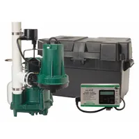 This combination sump pump system includes a 120V AC primary pump with integral vertical float switch and 23 ft max head, plus a 12V DC secondary pump. It provides automatic backup pumping for residential and light commercial sump applications