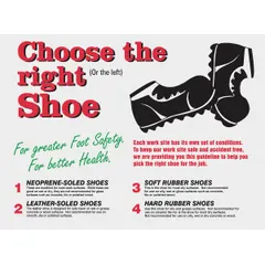 This 22 in x 17 in safety poster promotes foot safety by reminding workers to select the correct shoe for their task. It features a clear film laminate protective coating and is printed in English. The poster does not include a frame and does not have a write-on surface. Typical applications include industrial facilities, warehouses, and manufacturing plants to reinforce proper PPE practices.