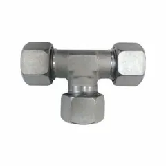 This steel compression tee fitting features a flareless bite-type design for creating branch connections in rigid tubing systems. It has three equal M12x1.0 thread ports and is suitable for hydraulic and pneumatic applications requiring leak-proof sealing under pressure.