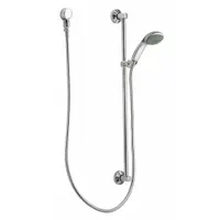 This MOEN Commercial Series handheld showerhead features a chrome finish, 1.5 gpm flow rate, and 3 3/8 in width. Constructed with metal and rubber, it includes a hose, mounting bracket, and slide bar. Suitable for washdown stations, maintenance areas, and janitorial sinks in commercial or industrial settings