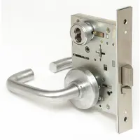 Classroom security lever lockset in satin chromium-plated stainless steel finish. ADA-compliant lever design for accessibility. Interchangeable core for keying flexibility. Suitable for educational and commercial facilities requiring interior locking from the room side