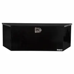 This steel A-frame trailer tongue box in black finish provides secure, weather-resistant storage for hitch accessories, safety chains, and tools. With a 16 13/16 in overall depth and 16 3/8 in overall height, it features a keyed lock and paddle handle latch for protected access during transport. Designed for mounting on the A-frame of a trailer.
