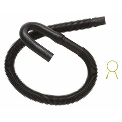 OEM replacement drain hose with clamp for Whirlpool washing machines and dryers. Carries wastewater from the appliance to the home drain system. Includes clamp for secure connection.