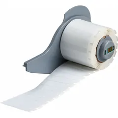 This precut label roll measures 1 1/2 inches by 1/4 inch and is made of white gloss polyester. It is designed for use with the BMP71 printer series. Typical applications include industrial identification and labeling where durable, self-adhesive polyester labels are required.