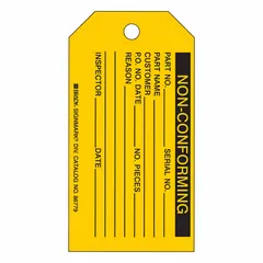 Rectangular paper tag with black/yellow color scheme and 'Non-Conforming' header. Designed for indoor use to mark items that do not meet quality or compliance standards. Supplied in English, 100 tags per pack.