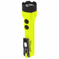 Intrinsically safe dual-light handheld flashlight with 285 lumens output and 187-meter max beam. Requires 3 AA batteries. Black/green housing. Suitable for use in hazardous environments where intrinsic safety is required, such as inspection and maintenance tasks in explosive atmospheres.