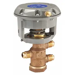 Brass 3-way diaphragm valve with flare x flare connections. Single-acting spring return actuator operates air to spring. Reinforced synthetic rubber diaphragm. For water media.