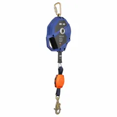 Mounted self-retracting lifeline with sealed housing and steel lifeline. Equipped with a steel carabiner anchorage end connection and a harness steel swivel snap hook. ANSI Class 2 SRL suitable for overhead or foot-level anchoring. Includes RFID tag for asset tracking.