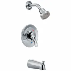 This bathtub spout and fixed showerhead faucet combination from the Cornerstone™ series features a chrome finish. The fixed showerhead delivers a single spray pattern at a flow rate of 1.75 gpm. Suitable for residential and commercial bathroom installations, it can be used in new construction or retrofit projects.