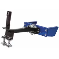 Pivoting hose guide assembly for 1185 Series reels with 20-inch reel width. Features a steel bracket in blue and an aluminum roller. Designed for top return to guide hose during retraction, reducing kinking and wear in industrial settings