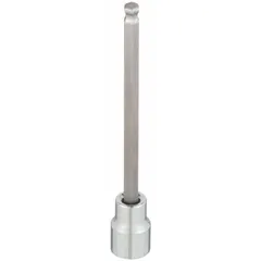 Ball-end hex bit socket with 3/8 in drive and 3/8 in hex tip. Fixed insert design. Overall length 4-3/4 in. Used for driving hex fasteners at an angle in confined spaces, such as in automotive repair and machinery maintenance.