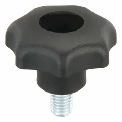 7-arm knob with threaded stud for manual adjustment and positioning. Plastic body with steel threaded insert. M10 thread, 15 mm thread length, 50 mm diameter. Used for clamping, indexing, and locking on machinery, jigs, and fixtures.