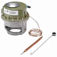 Pneumatic thermostat with remote-bulb sensor and piston valve actuator for dual-temperature control. Direct action at 15 psig and reverse action at 20 psig. Two-pipe high-volume air flow output. Mounts on valve top with 42-inch capillary. Temperature range 60° to 150°F