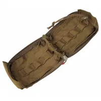 This green nylon medical pouch measures 7 inches by 5 1/2 inches and closes with a zipper. It is designed to organize and carry medical supplies such as bandages, trauma shears, and small instruments. Suitable for tactical, outdoor, or emergency-response settings