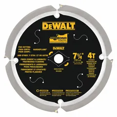 Circular saw blade designed for cutting fiber cement materials such as siding and backer board. Features 4 teeth with a 0.07 in kerf and 5/8 in arbor. Suitable for use in construction and remodeling applications requiring clean cuts in abrasive fiber cement.