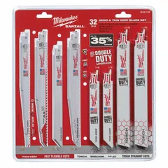 This 32-piece reciprocating saw blade set includes four 6-inch 24 TPI metal blades designed for cutting steel. The set is suited for demolition, plumbing, and metal fabrication tasks requiring precise cuts in metal.
