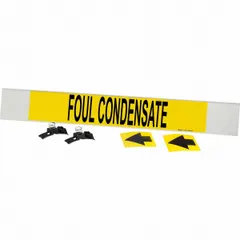 This fiberglass carrier-mounted pipe marker with strapping is designed for identifying foul condensate piping in industrial facilities. It features a yellow background with black legend text and directional arrows, fitting pipes with an outer diameter of 8 inches and larger. Suitable for marking pipe contents and flow direction to support safety and compliance.