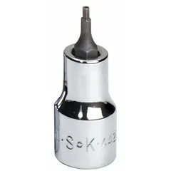 This security hex bit socket is designed for driving tamper-resistant fasteners with a center pin. It features a 3/8 in drive size and a 5/64 in SAE tip size. The replaceable insert design allows for extended tool life. Commonly used in automotive, electronics, and industrial applications where security fasteners are employed.