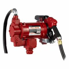 This bung-mount AC-powered fuel transfer pump operates on 230 V AC with a 3/4 hp motor, delivering a maximum flow rate of 35 gpm. It includes a 1-3/8" x 18' discharge hose and an automatic nozzle. Designed for transferring fuels and other non-flammable fluids from drums or tanks in industrial, agricultural, and fleet maintenance settings.