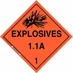 This BRADY placard is used to mark containers holding Class 1 explosives, specifically Explosives 1.1 A 1. It measures 10 3/4 in x 10 3/4 in with a label height of 10 3/4 in. The placard displays the message 'Explosives 1.1 A 1' and is designed for compliance with hazardous material shipping regulations.