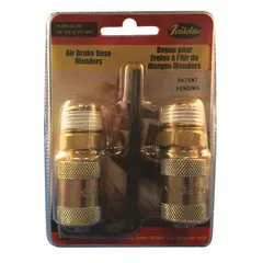 Brass hose mender kit for repairing damaged air brake hoses in pneumatic systems. Includes two brass hose couplers for secure, leak-free connections. Suitable for use on heavy-duty trucks and trailers to restore brake system integrity.